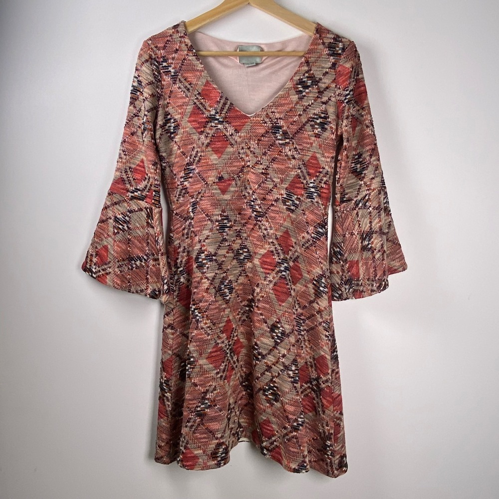 Maeve Bell Sleeve Dress Womens XS Coral Geometric Diamond Boho Retro Knit V-Neck